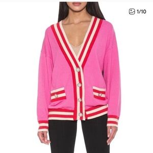 Alexia Admor Oversized Pink Contrast Striping V Neck Cardigan Y2K Preppy